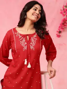 Anouk Floral Embroidered Tie-Up Neck Straight Kurti