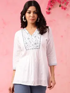 Anouk Floral Embroidered V-Neck Pure Cotton Straight Short Kurti