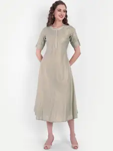 SUTI Checked Mandarin Collar Roll-Up Sleeves Cotton A-Line Midi Dress