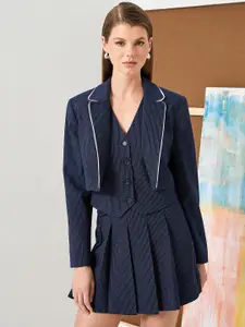 Koton Striped Notched Lapel Open Front Crop Blazer