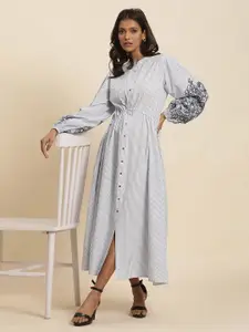 W Striped Embroidered Pure Cotton Shirt Style Maxi Dress