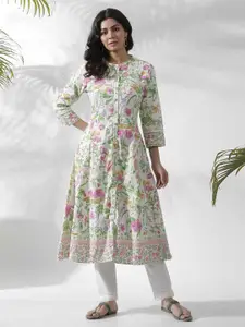 W Off white Floral Printed Cotton Kurta