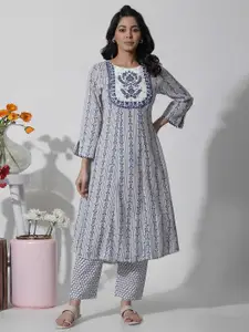 W Blue Ethnic Motifs Printed Mirror Work Kurta