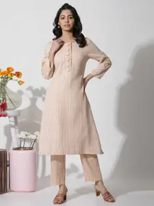 W Yellow Striped Thread Work Kurta