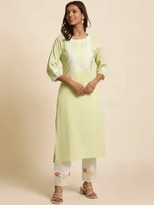 W Green Floral Embroidered Sequinned Pastel Kurta