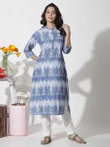 W Floral Printed Mandarin Collar Pure Cotton Straight Kurta