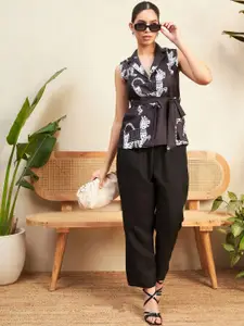Uptownie Graphic Printed Lapel Collar Linen Top With Trouser