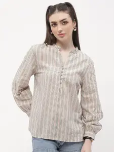Madame Striped Mandarin Collar Shirt Style Top