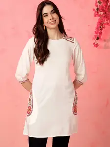 Anouk Zari Round Neck Three-Quarter Sleeves  A-Line Kurta