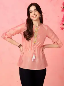 Anouk Pink Floral Embroidered Round Neck Kurti