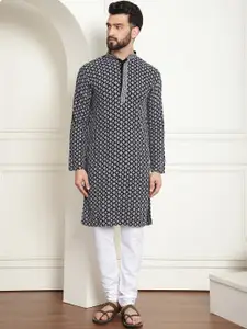 SOJANYA Geometric Embroidered Mandarin Collar Thread Work Pure Cotton Kurta with Churidar