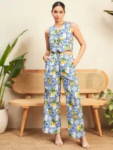 Uptownie Floral Printed V-Neck Linen Crop Top & Trousers