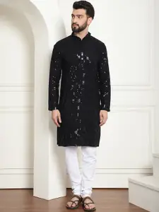 SOJANYA Geometric Embroidered Mandarin Collar Sequinned Pure Cotton Kurta with Churidar