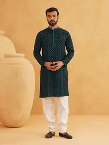 SOJANYA Geometric Embroidered Mandarin Collar Thread Work Pure Cotton Kurta with Churidar