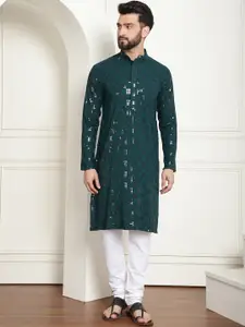 SOJANYA Geometric Embroidered Mandarin Collar Sequinned Pure Cotton Kurta with Churidar