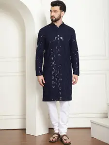 SOJANYA Embroidered Mandarin Collar Long Sleeves Sequinned Pure Cotton Kurta with Churidar