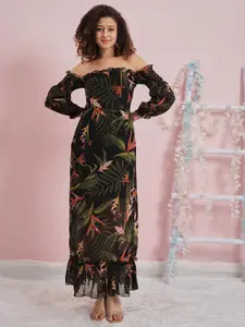 Athena Tropical Print Off-Shoulder Bell Sleeve Georgette Maxi Dress
