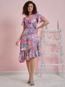 Athena Floral Print Flared Sleeve Ruffled Crepe A-Line Dress