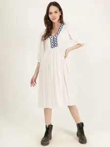 DRIRO V Neck Puff Sleeve Fit and Flare Dress