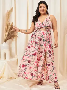 Berrylush Curve Plus Size Floral Print Cut Outs Satin Maxi Dress