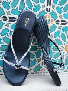 Anouk Black Embellished Open Toe Wedge Heels
