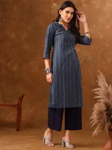 Anouk Navy Blue Striped Shirt Collar Straight Kurta