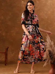 Anouk Floral Printed Roll-Up Sleeves Belted Pleated Fit & Flare Dress