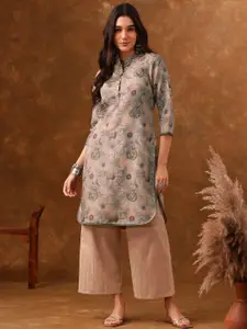 Anouk Ethnic Motifs Printed Mandarin Collar Chanderi Silk A-Line Kurta