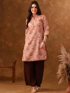 Anouk Coral Brown Floral Printed Mandarin Collar Chanderi Silk Kurta