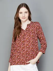 Fame Forever by Lifestyle Floral Print Mandarin Three-Quarter Sleeves Collar Top
