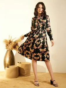 StyleStone Floral Print Satin A-Line Dress