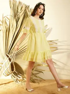 StyleStone Yellow Self Design Flared Sleeve Chiffon Fit & Flare Dress