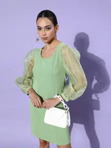 StyleStone Green Puff Sleeve Sheath Dress