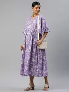 Swishchick Floral Print Flared Sleeve Fit & Flare Midi Dress