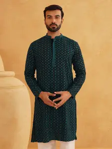 SOJANYA Ethnic Motifs Embroidered Mandarin Collar Sequined Pure Cotton Straight Kurta