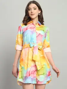 The Dry State Orange Abstract Printed Roll-Up Sleeve Crepe Shirt Dress