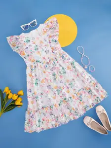 Pantaloons Junior Kids-Girls Floral Printed Flutter Sleeve Fit & Flare Dress
