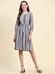 BAESD Tribal Printed Notched Neck Puff Sleeve Crepe Fit & Flared Dress