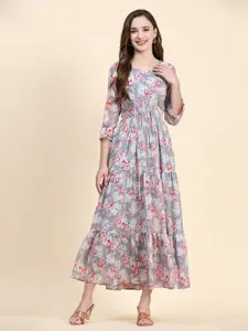 BAESD Floral Printed Round Neck Georgette Fit and Flare Dress