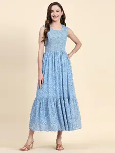 BAESD Floral Printed Round Neck Georgette Maxi Midi Dress