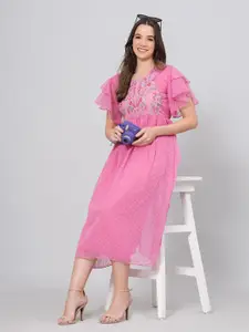 HIGHLIGHT FASHION EXPORT Floral Embroidered Georgette Dobby Fit & Flare Midi Dress