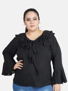 Indietoga Women Plus Size Tie-Up Neck Bell Sleeve Ruffles Top