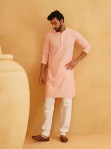 SOJANYA Checked Mandarin Collar Long Sleeves Thread Work Pure Cotton Kurta with Churidar