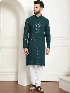 SOJANYA Geometric Embroidered Sequinned Mandarin Collar Pure Cotton Kurta With Churidar