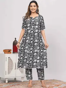 BAESD Floral Printed Pleated V-Neck Short Sleeves A-Line Kurta With Palazzo
