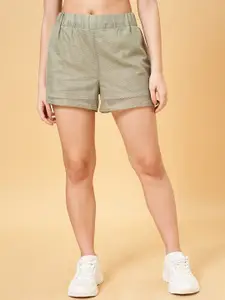 People Women Olive Green Mid-Rise Cotton Regular Shorts