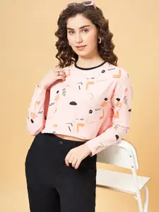 People Peach Conversational Printed Long Sleeves Regular Crop Top