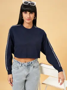 People Navy Blue Round Neck Cuffed Sleeves Cotton Regular Crop Top