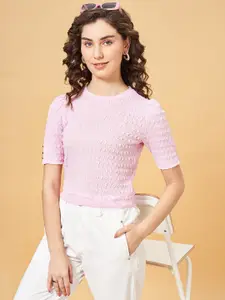 People Pink Self Design Round Neck Regular Crop Top