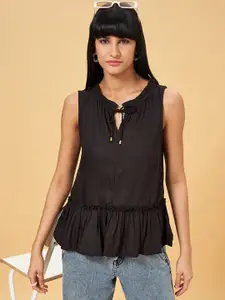 People Black Tie-Up Neck Self Design Peplum Top